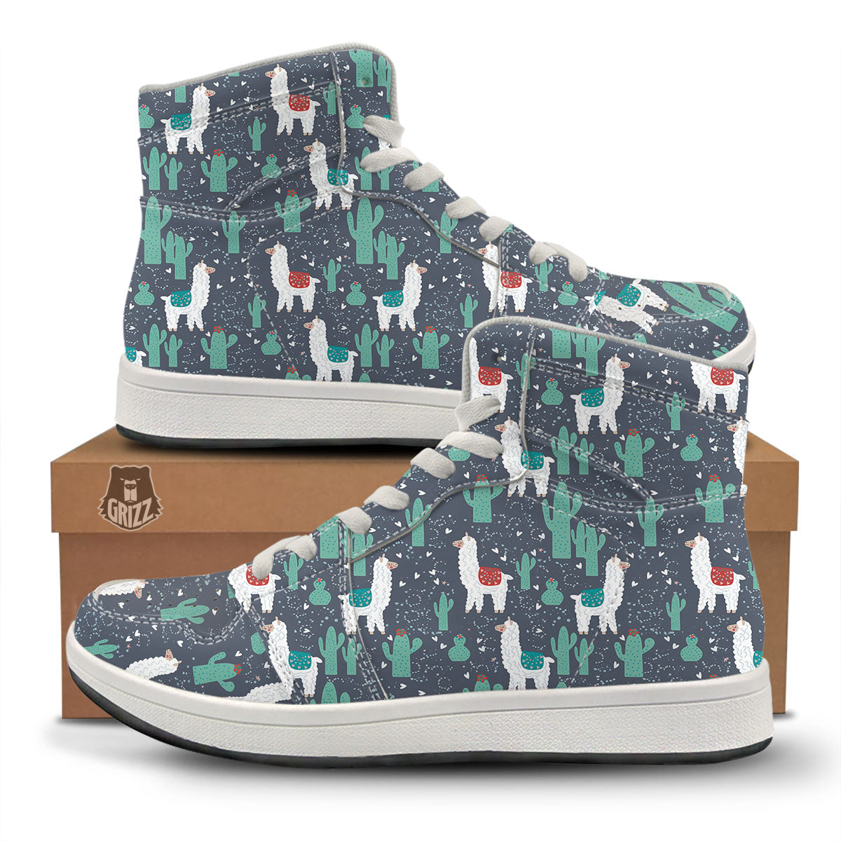 Cactus And Happy Llama Print Pattern High Top Sneakers-grizzshop