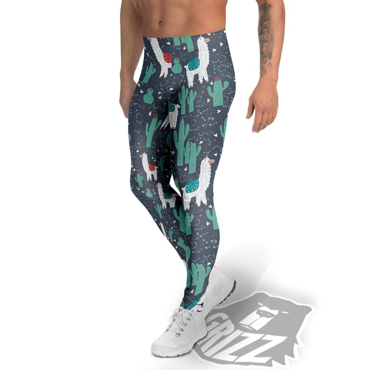 Cactus And Happy Llama Print Pattern Men's Leggings-grizzshop