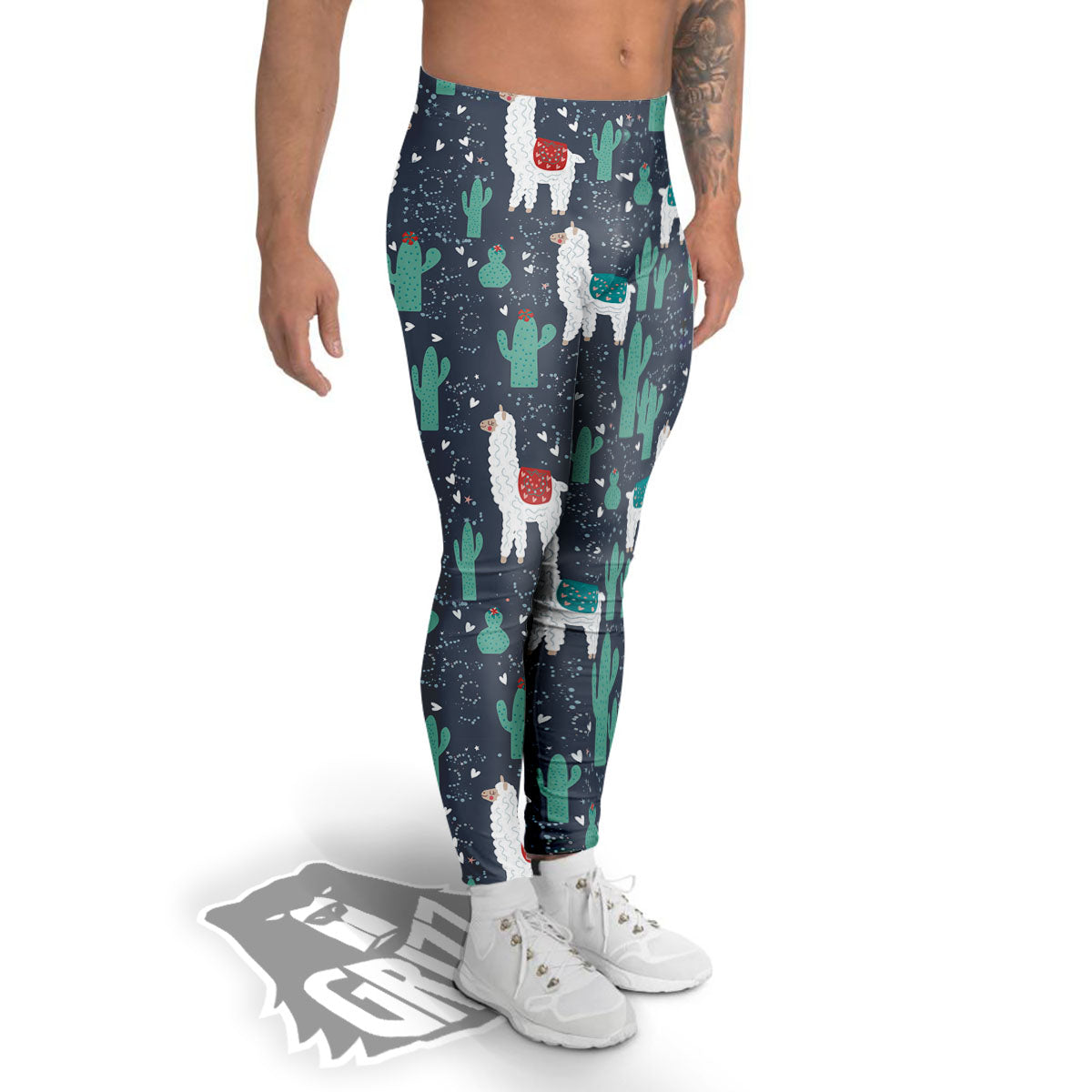 Cactus And Happy Llama Print Pattern Men's Leggings-grizzshop