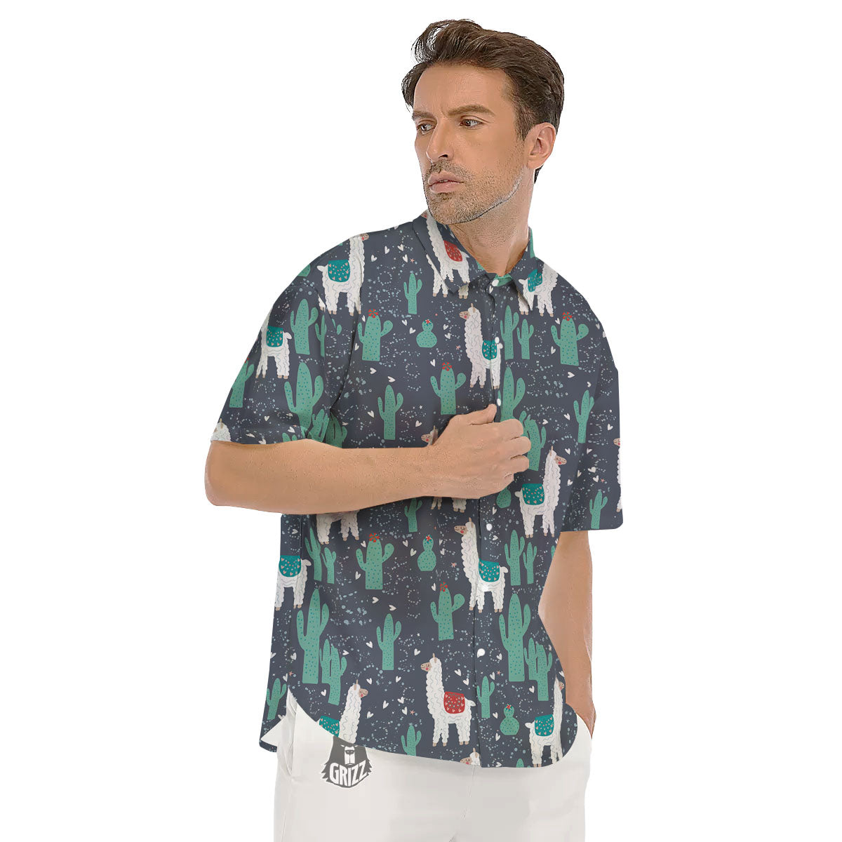 Cactus And Happy Llama Print Pattern Men's Short Sleeve Shirts-grizzshop