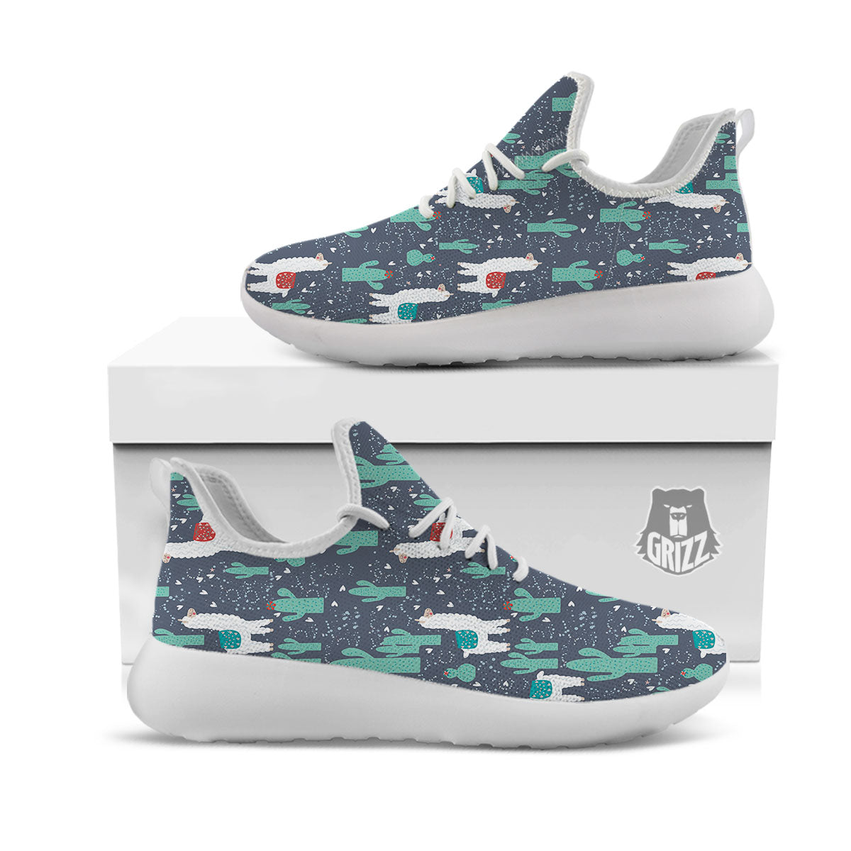 Cactus And Happy Llama Print Pattern White Athletic Shoes-grizzshop