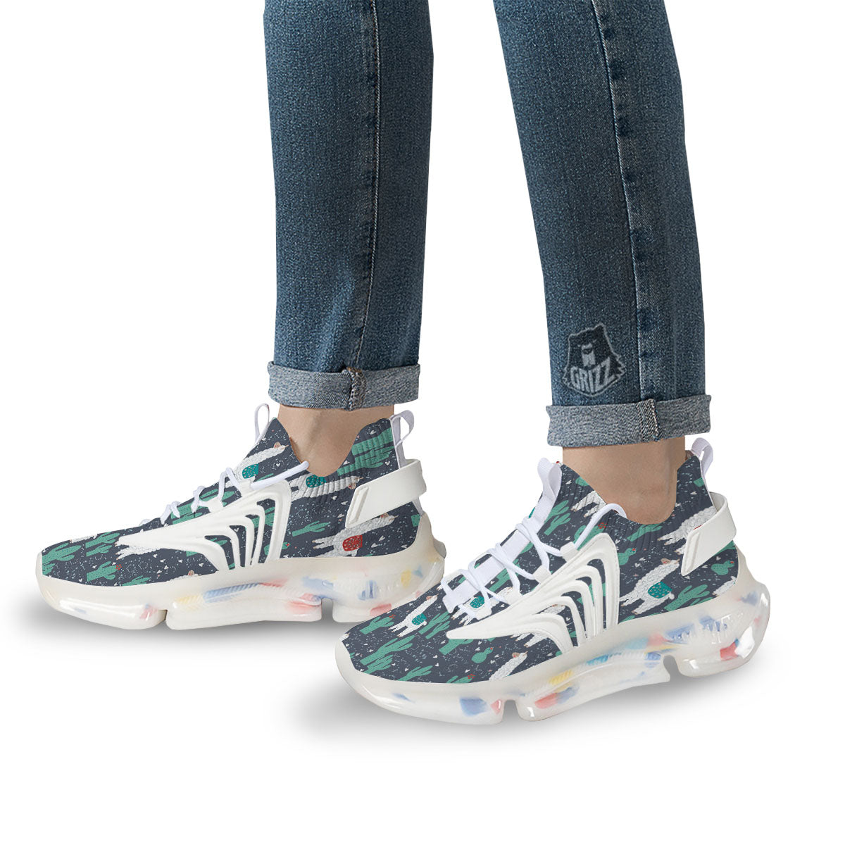 Cactus And Happy Llama Print Pattern White Gym Shoes-grizzshop