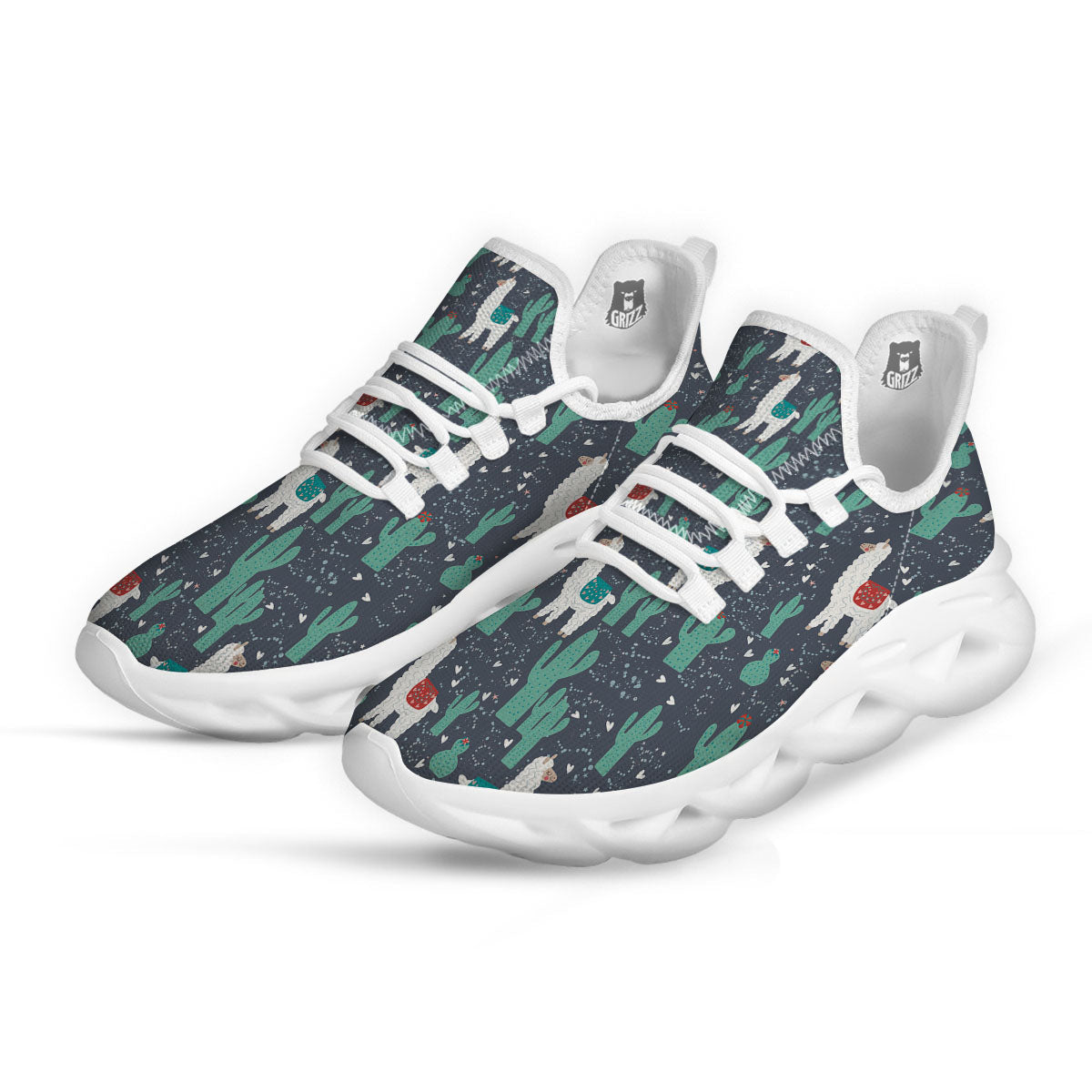 Cactus And Happy Llama Print Pattern White Running Shoes-grizzshop