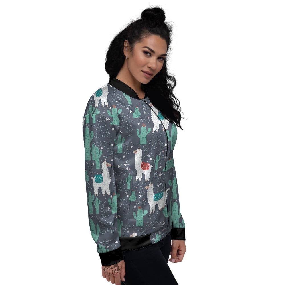 Cactus And Happy Llama Print Pattern Women's Bomber Jacket-grizzshop