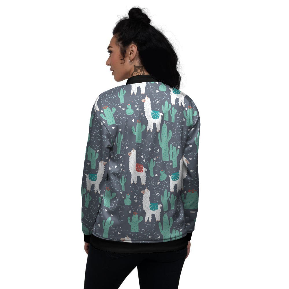 Cactus And Happy Llama Print Pattern Women's Bomber Jacket-grizzshop