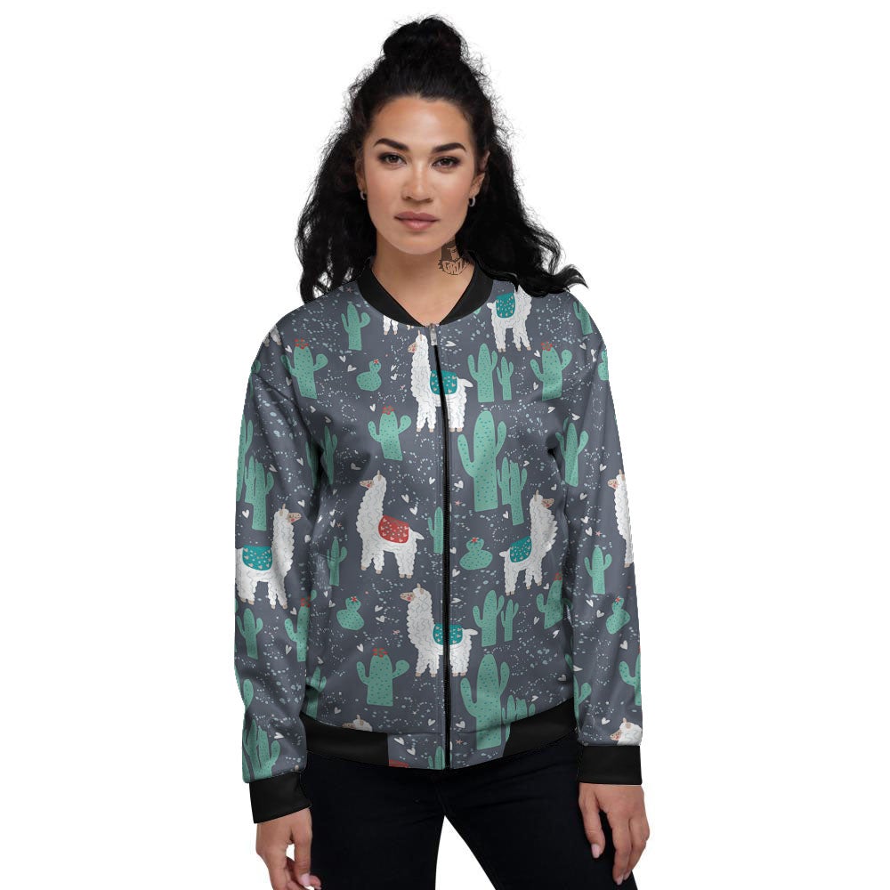Cactus And Happy Llama Print Pattern Women's Bomber Jacket-grizzshop