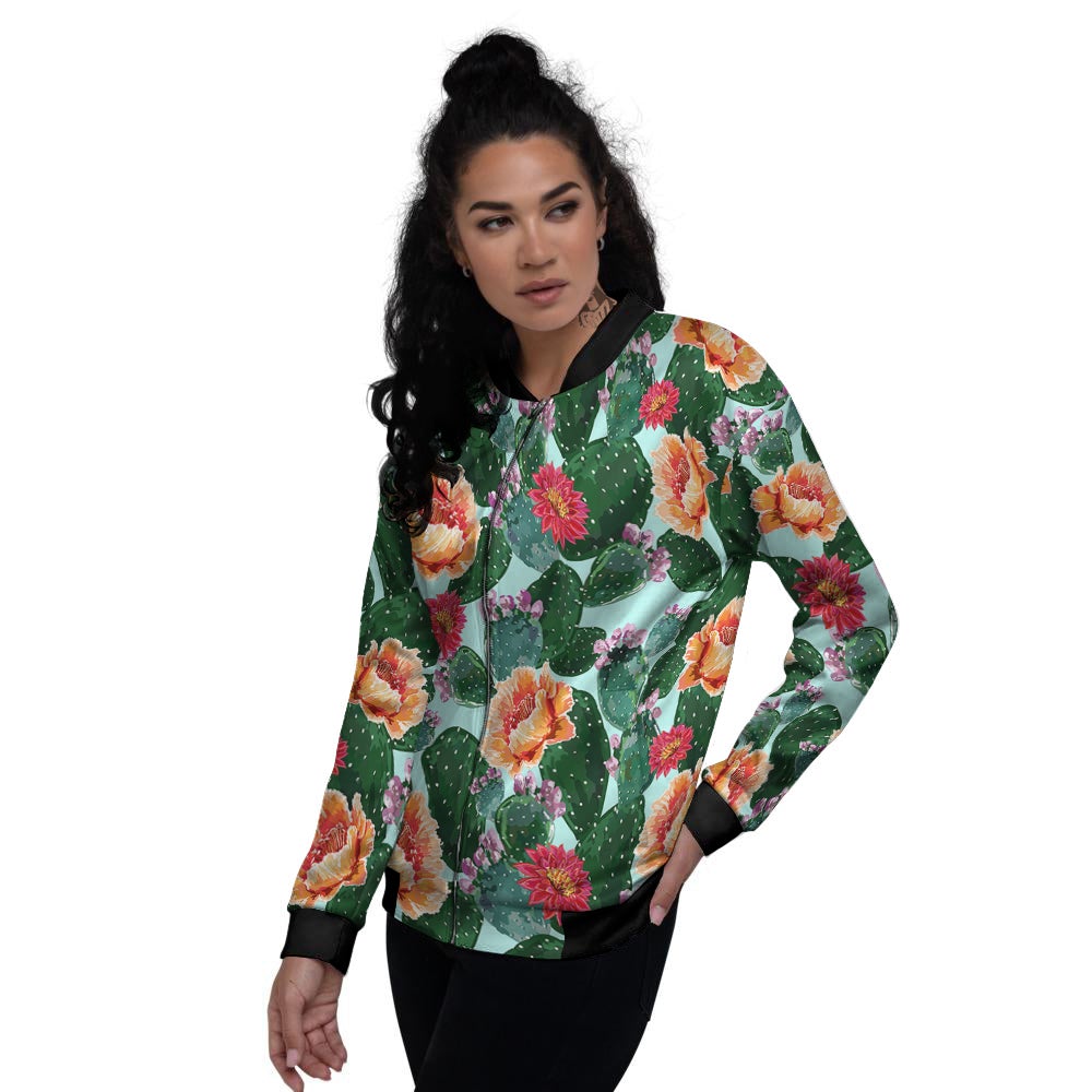 Cactus Blooming Watercolor Print Pattern Women's Bomber Jacket-grizzshop