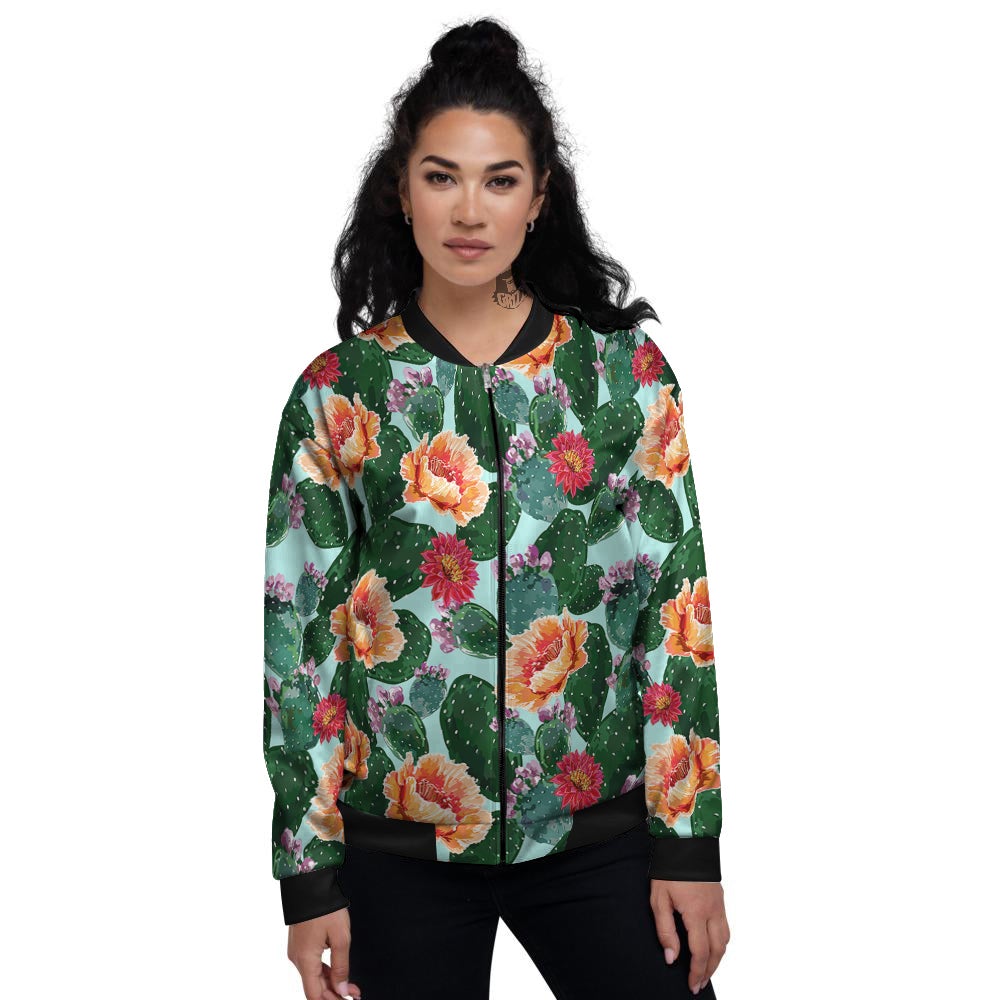 Cactus Blooming Watercolor Print Pattern Women's Bomber Jacket-grizzshop