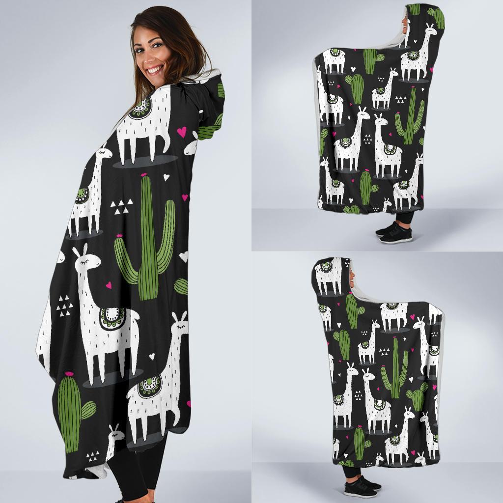 Cactus Llama Pattern Print Hooded Blanket-grizzshop