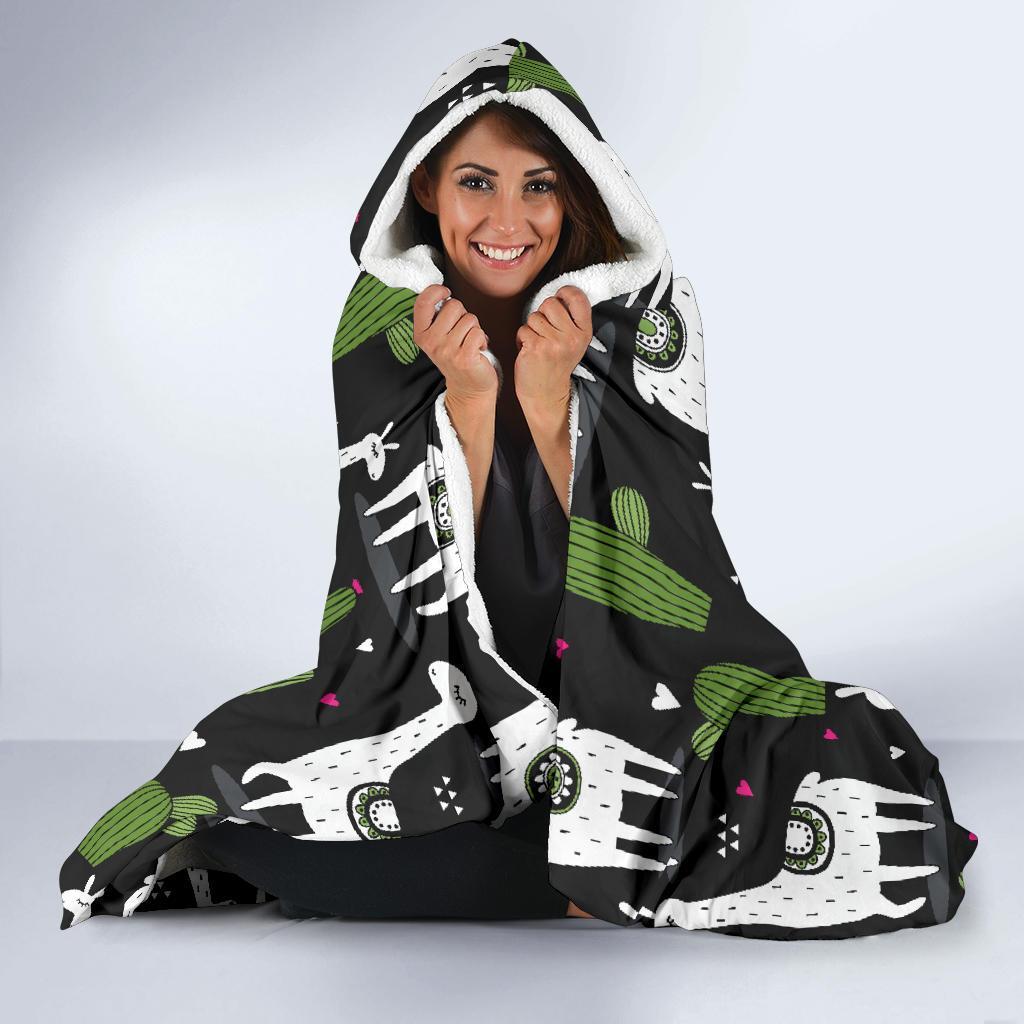 Cactus Llama Pattern Print Hooded Blanket-grizzshop
