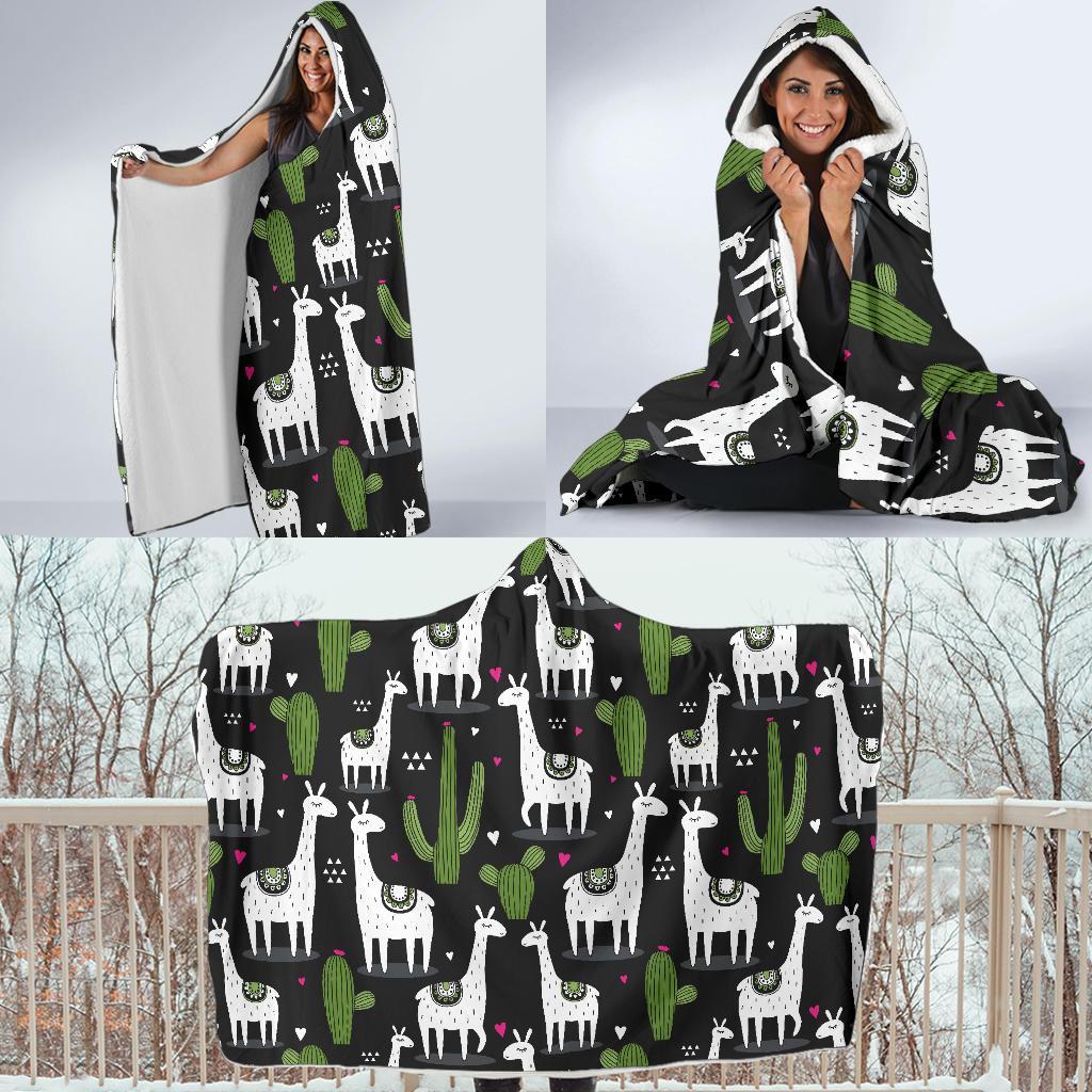 Cactus Llama Pattern Print Hooded Blanket-grizzshop