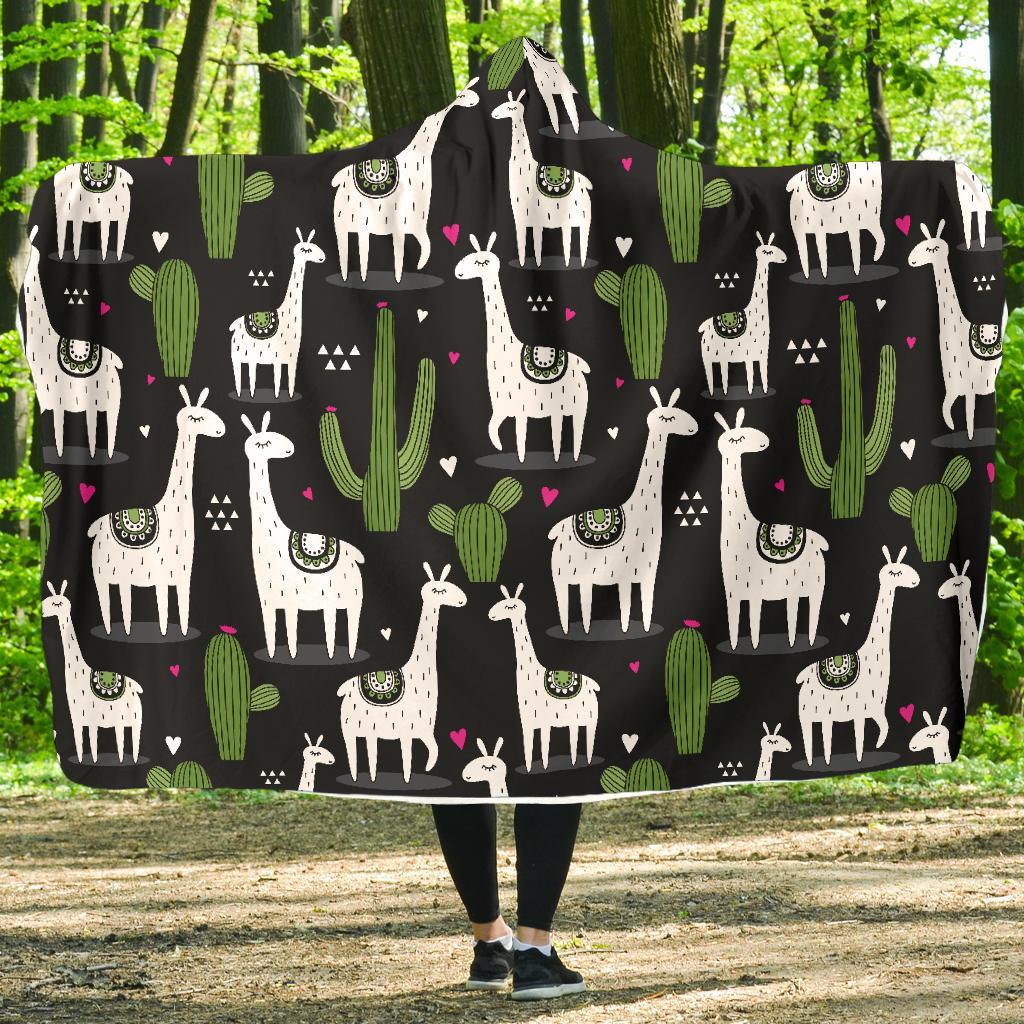 Cactus Llama Pattern Print Hooded Blanket-grizzshop