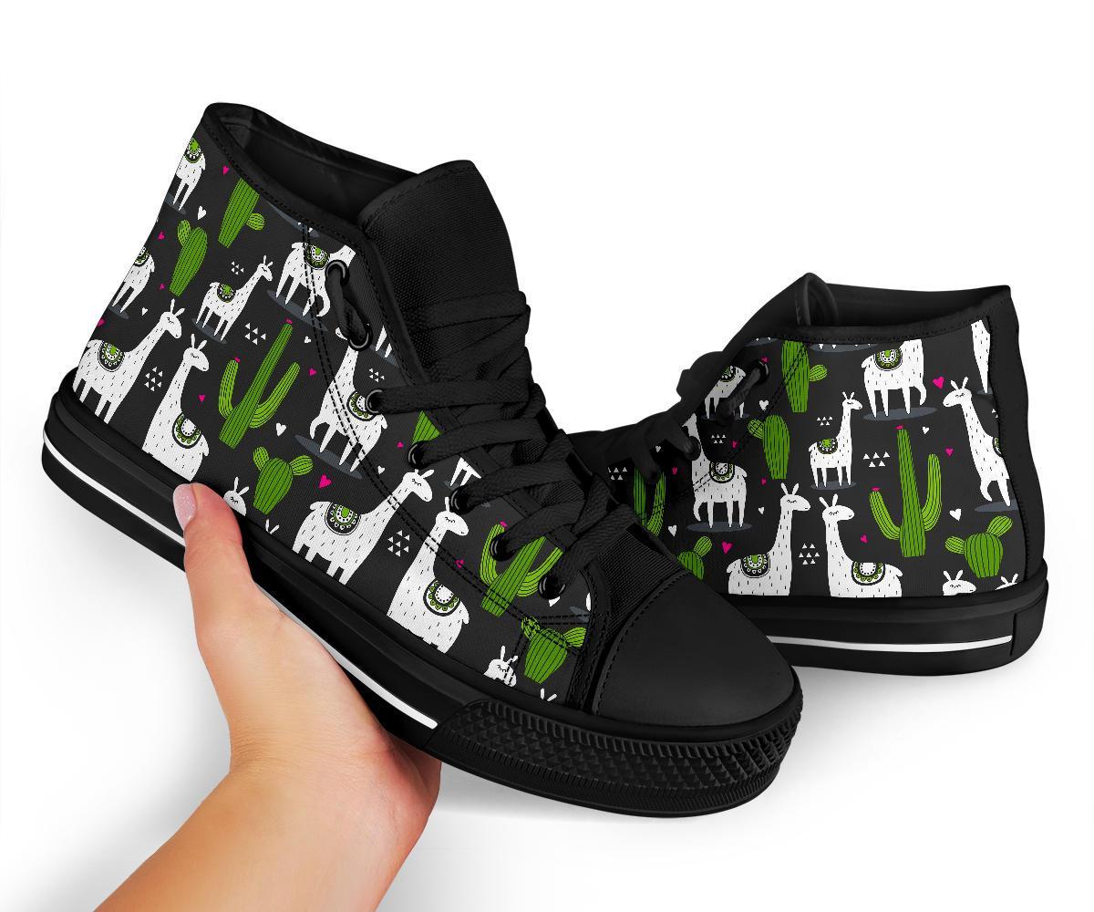 Cactus Llama Pattern Print Men Women's High Top Shoes-grizzshop