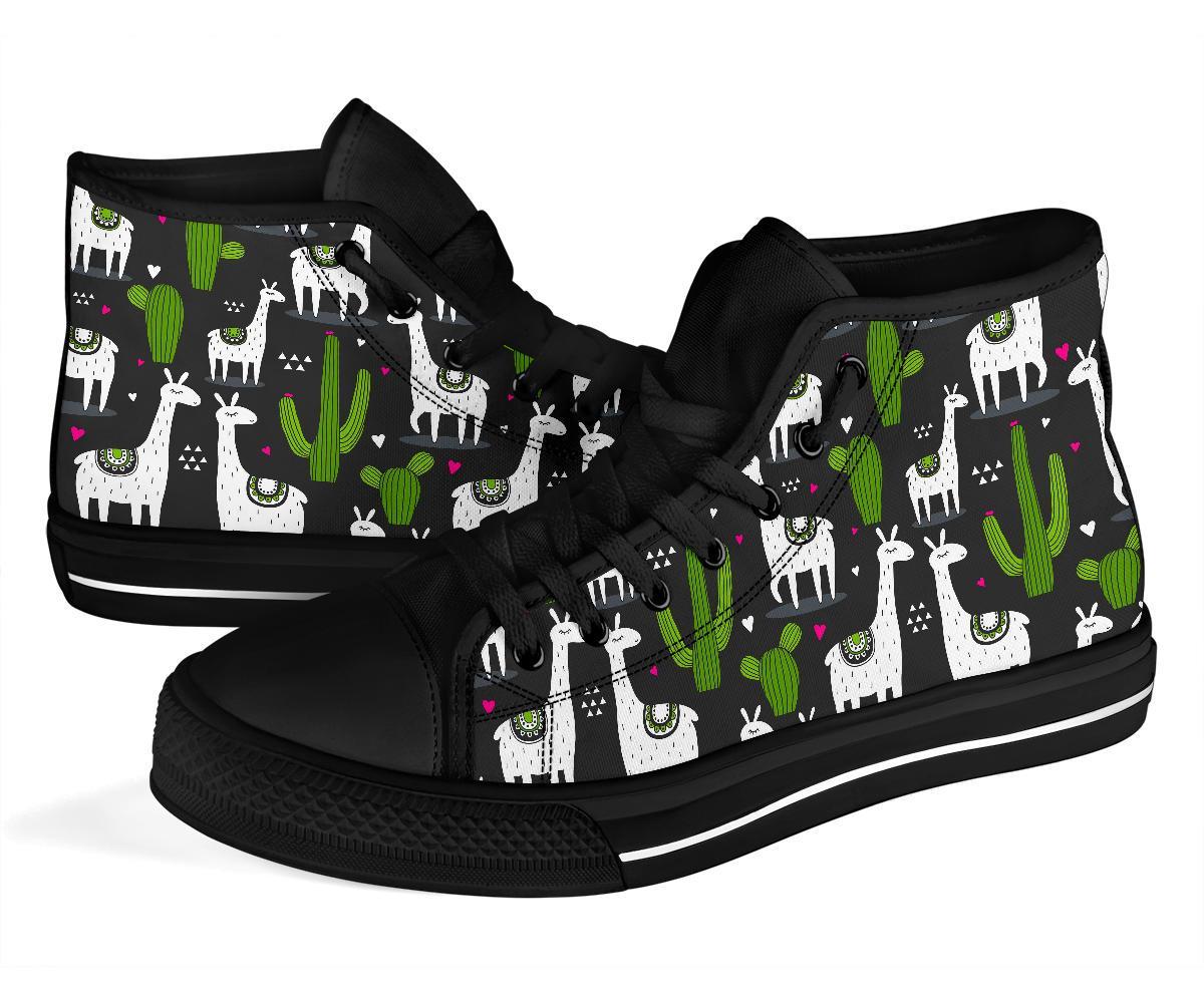 Cactus Llama Pattern Print Men Women's High Top Shoes-grizzshop