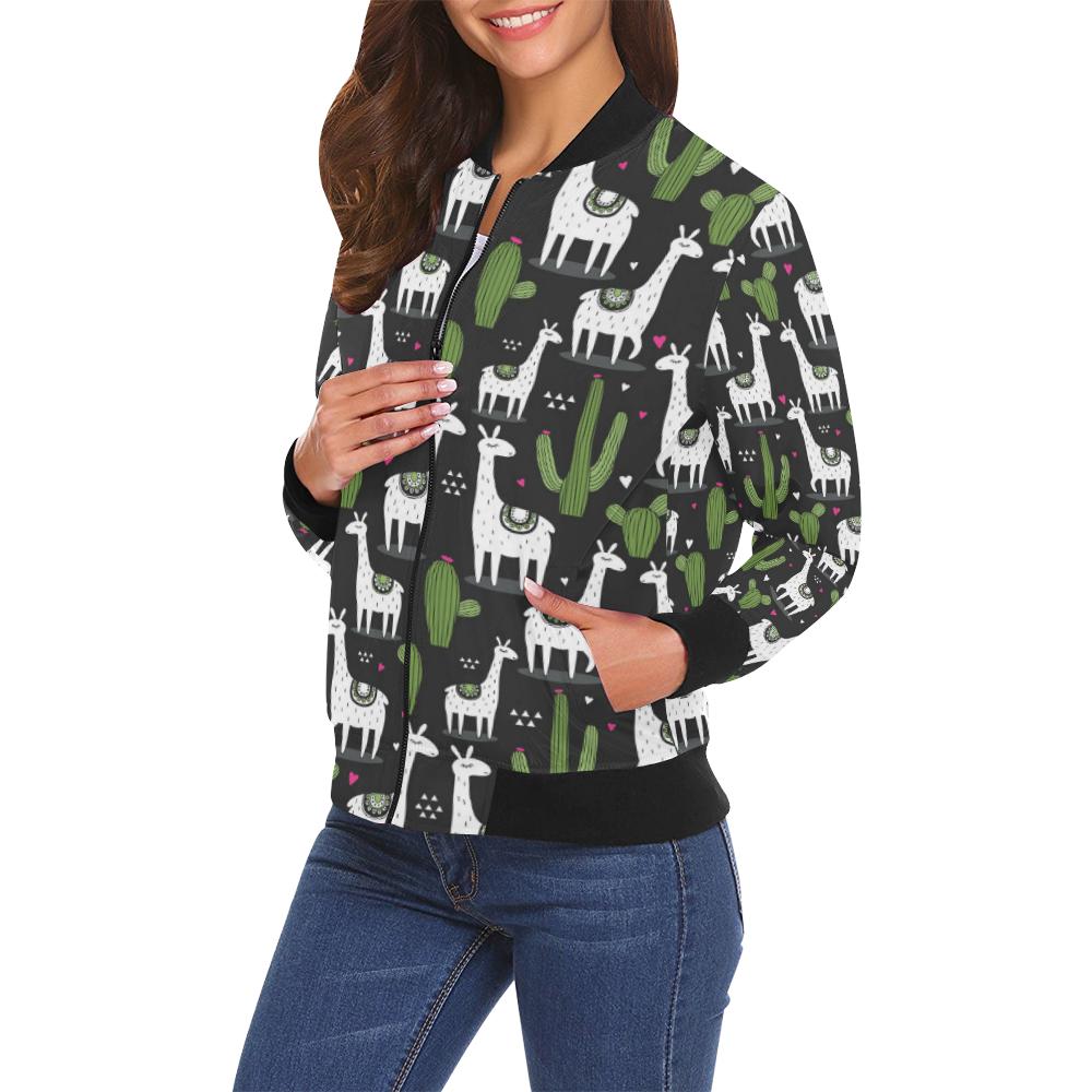 Cactus Llama Pattern Print Women Casual Bomber Jacket-grizzshop