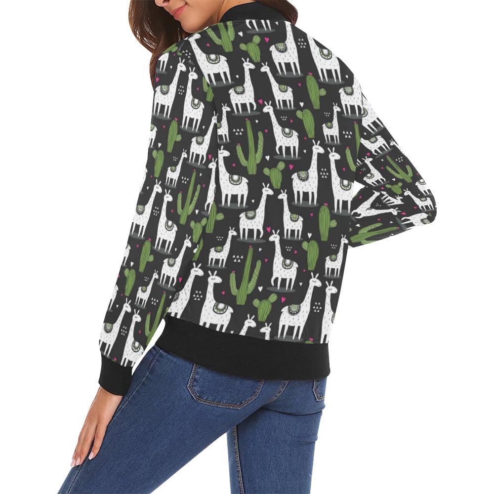 Cactus Llama Pattern Print Women Casual Bomber Jacket-grizzshop