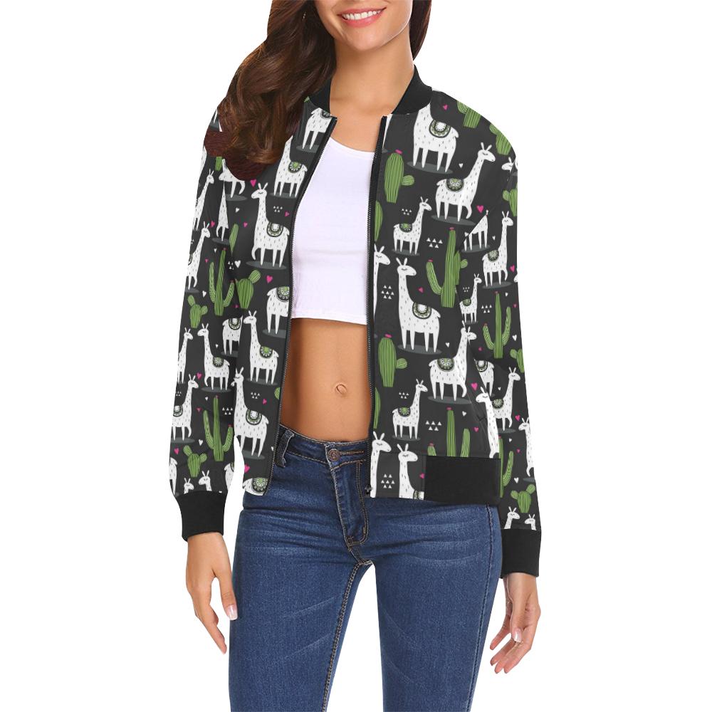 Cactus Llama Pattern Print Women Casual Bomber Jacket-grizzshop