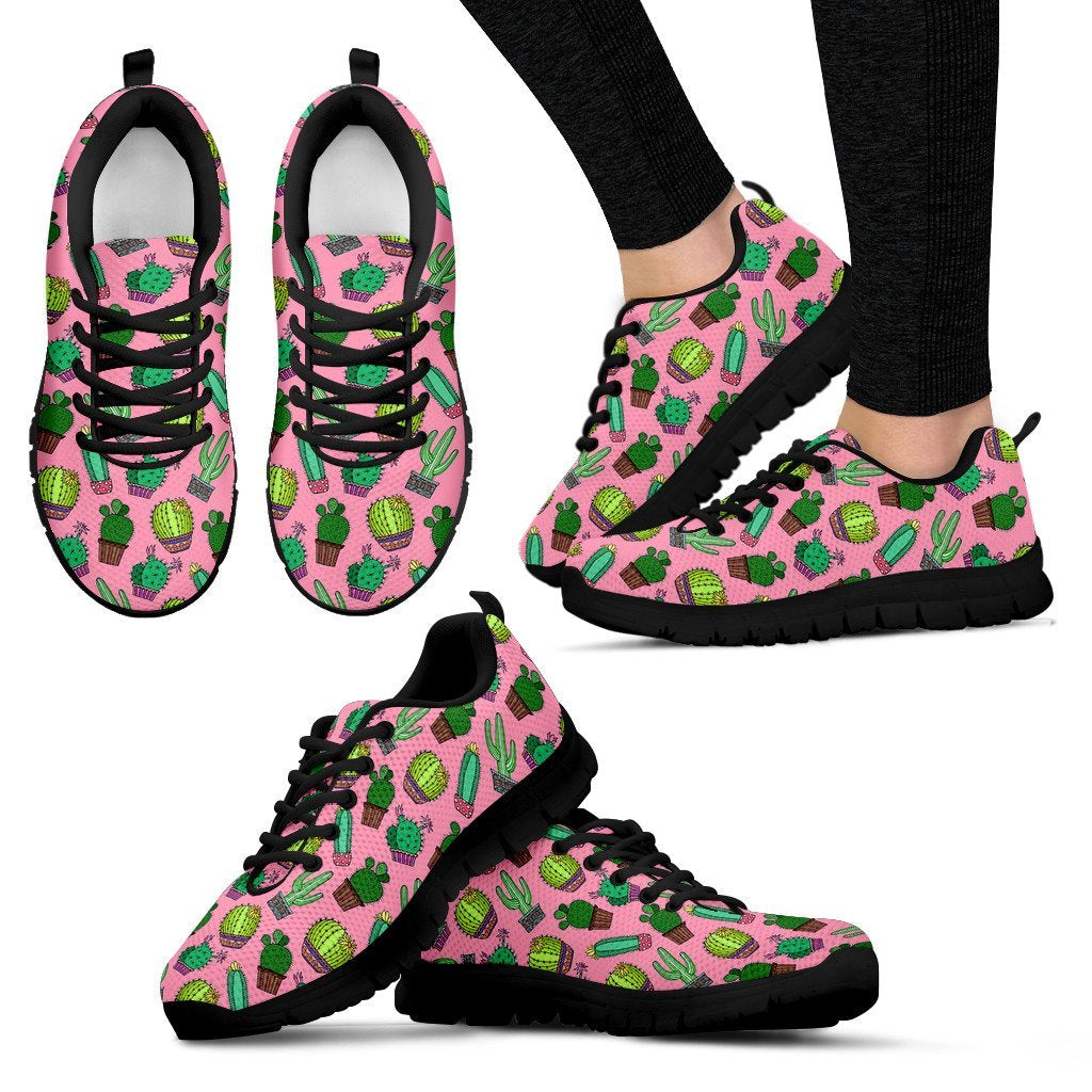 Cactus Pink Pattern Print Black Sneaker Shoes For Men Women-grizzshop
