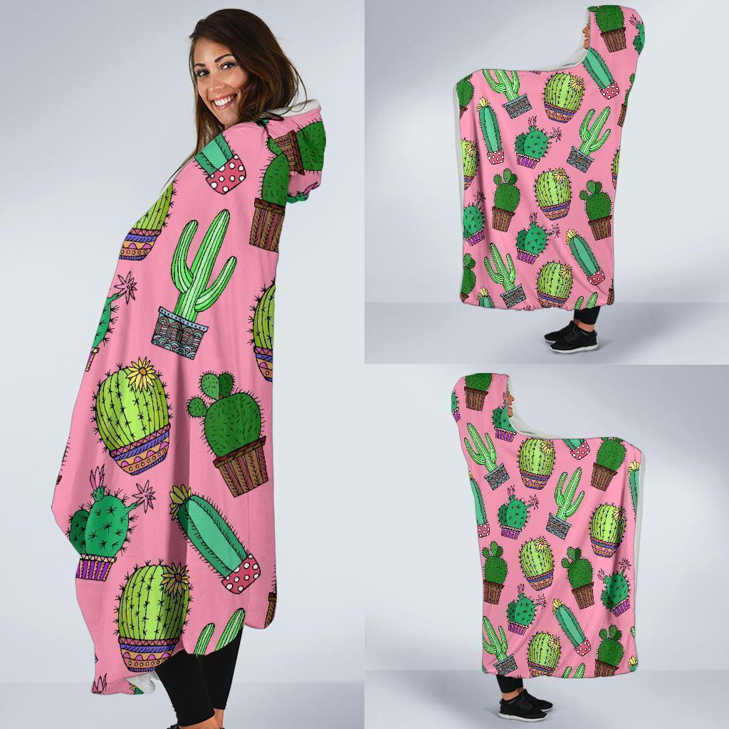 Cactus Pink Pattern Print Hooded Blanket-grizzshop