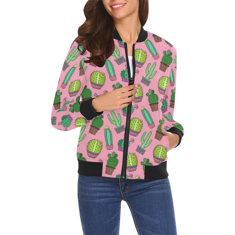 Cactus Pink Pattern Print Women Casual Bomber Jacket-grizzshop