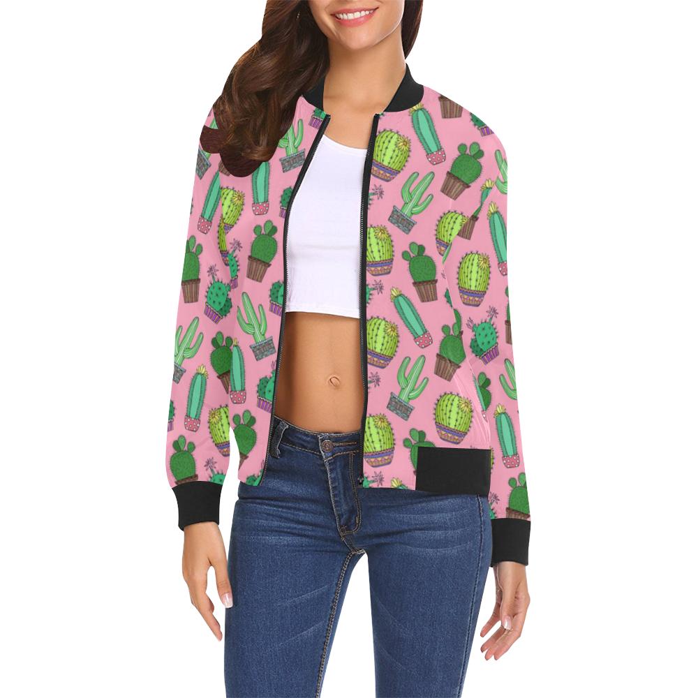 Cactus Pink Pattern Print Women Casual Bomber Jacket-grizzshop
