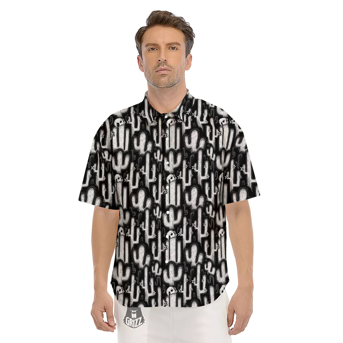 Cactus White And Black Print Pattern Men's Short Sleeve Shirts-grizzshop