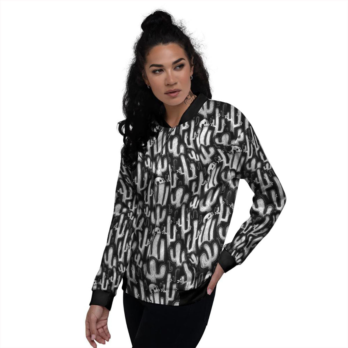 Cactus White And Black Print Pattern Women's Bomber Jacket-grizzshop