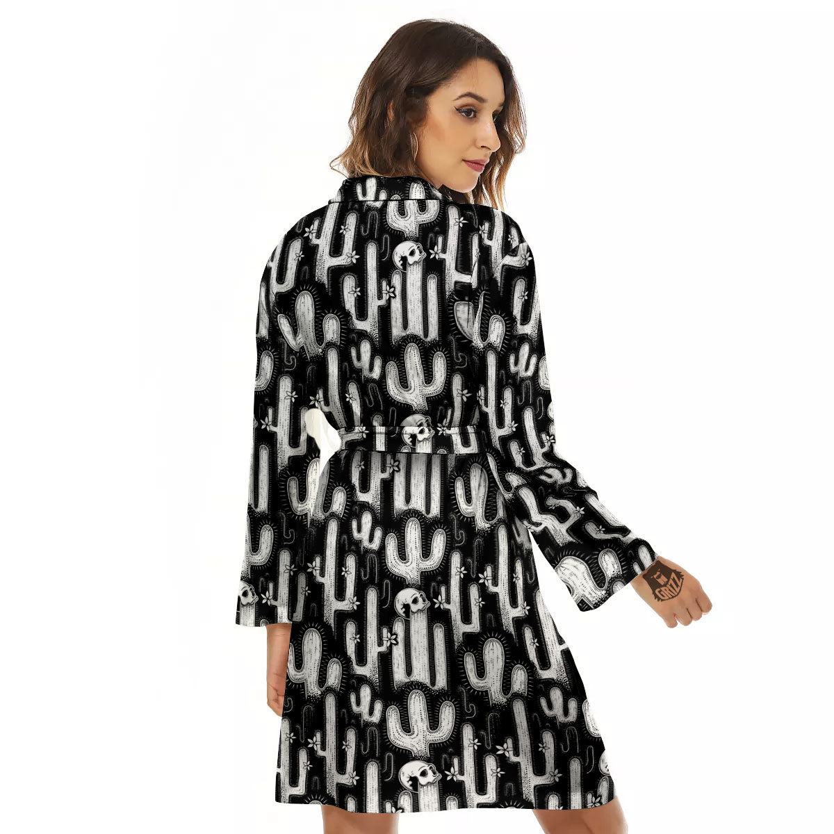 Cactus White And Black Print Pattern Women's Robe-grizzshop