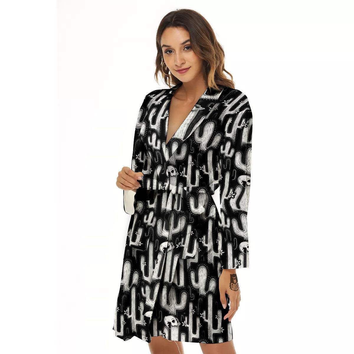 Cactus White And Black Print Pattern Women's Robe-grizzshop