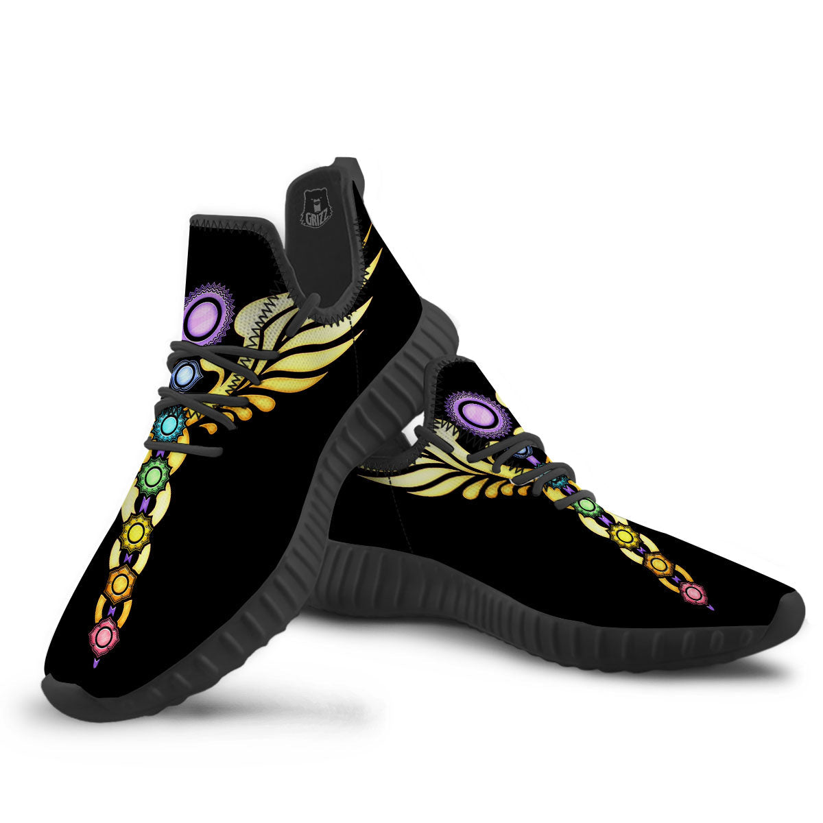 Caduceus 7 Chakras Print Black Walking Shoes-grizzshop
