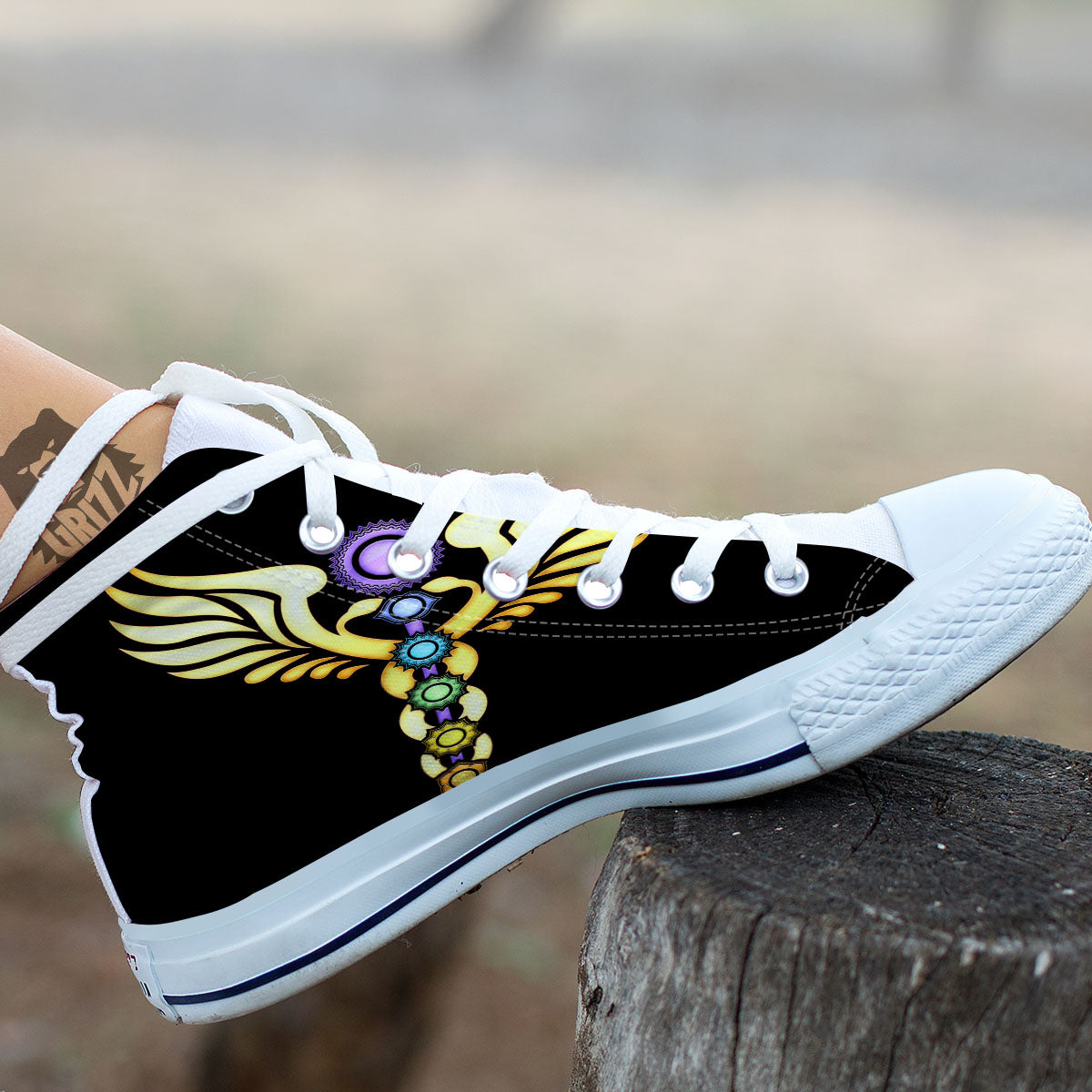 Caduceus 7 Chakras Print White High Top Shoes-grizzshop