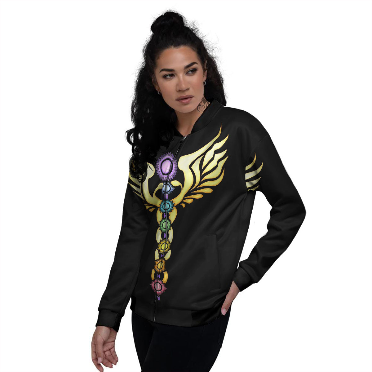 Caduceus 7 Chakras Print Women's Bomber Jacket-grizzshop
