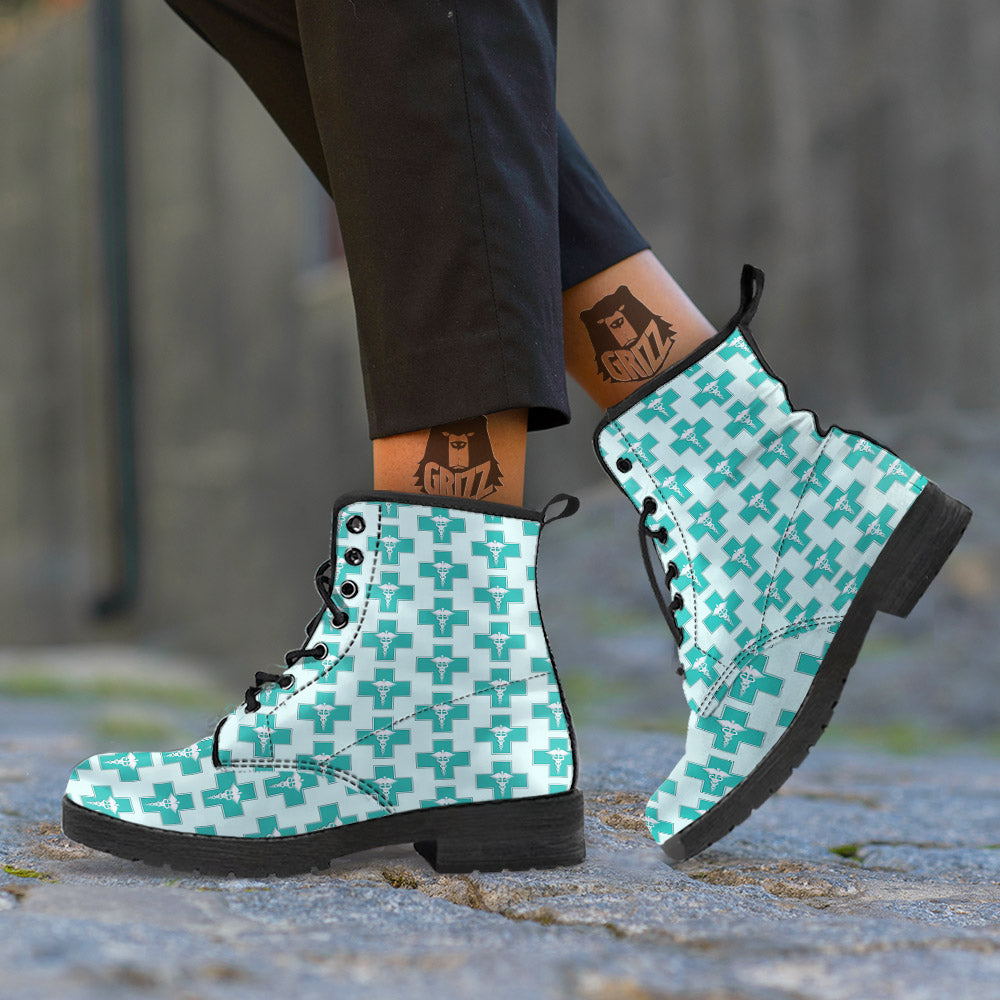 Caduceus Print Pattern Leather Boots-grizzshop