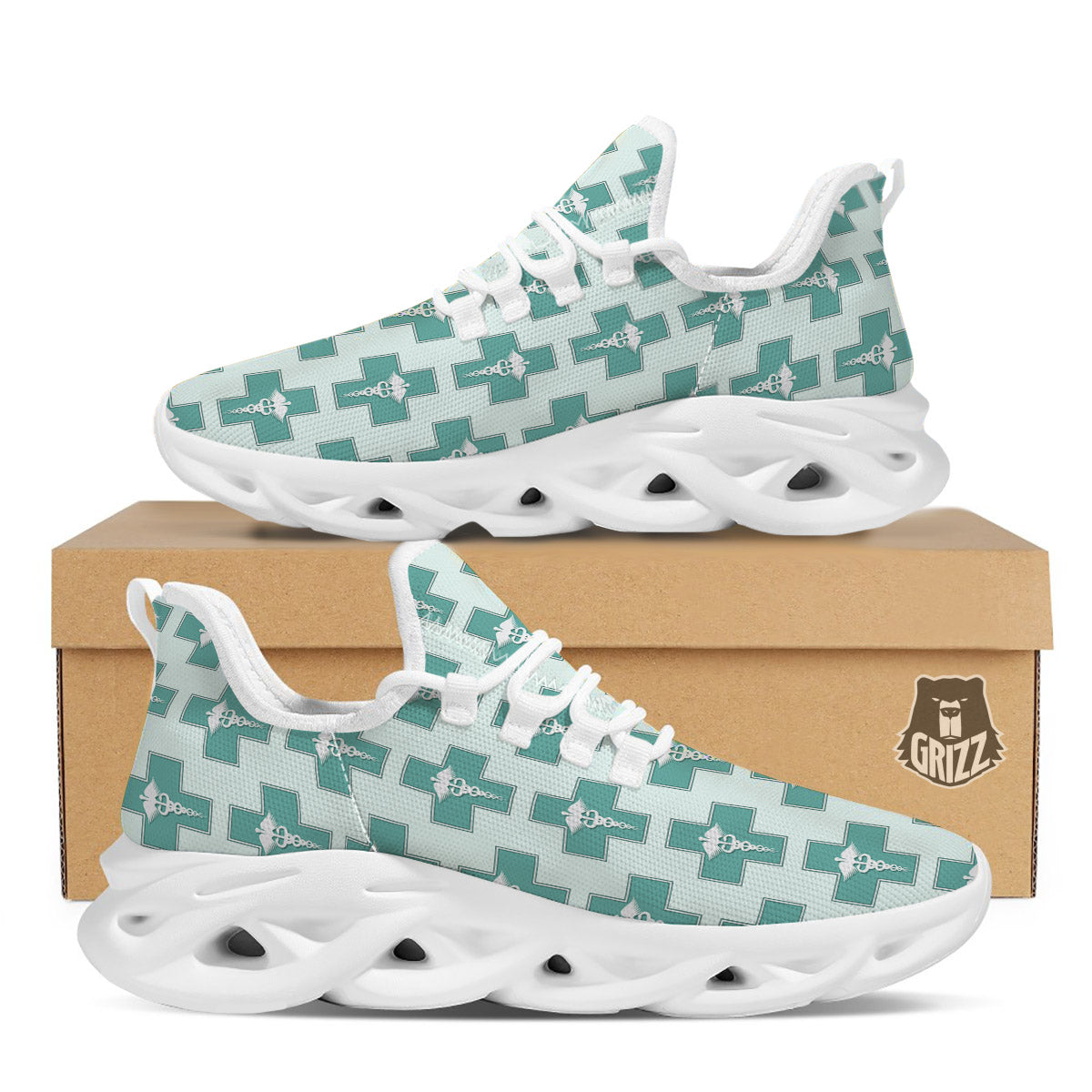 Caduceus Print Pattern White Running Shoes-grizzshop
