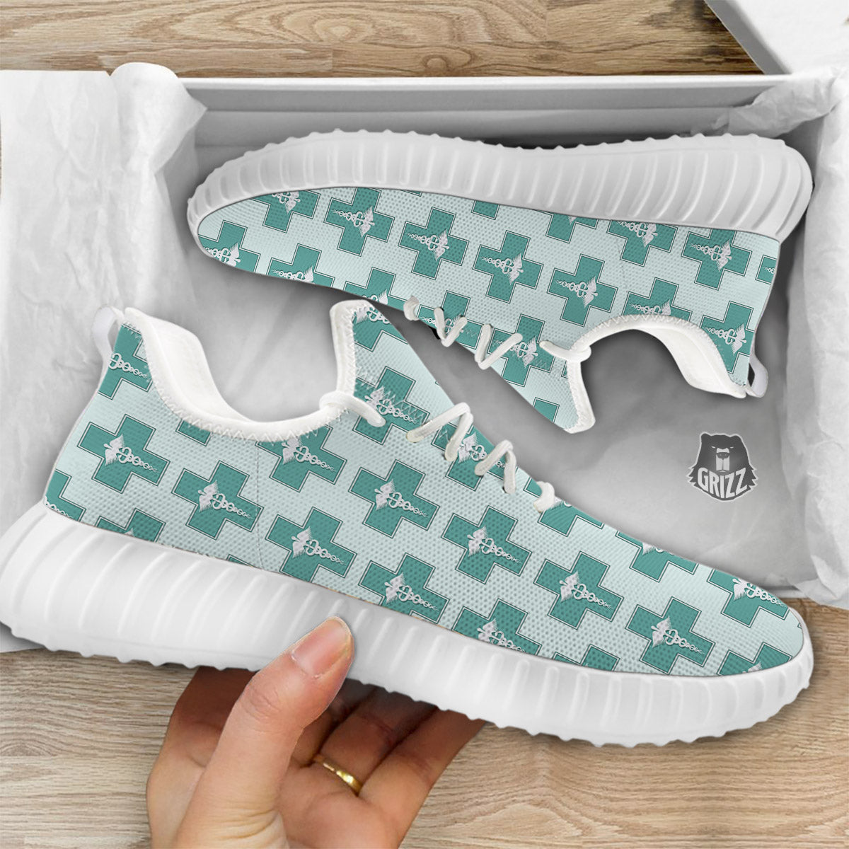 Caduceus Print Pattern White Walking Shoes-grizzshop