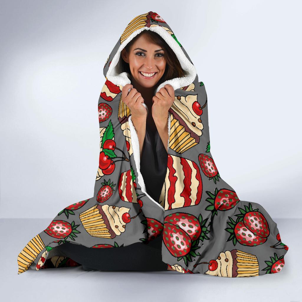 Cake Strawberry Pattern Print Hooded Blanket-grizzshop