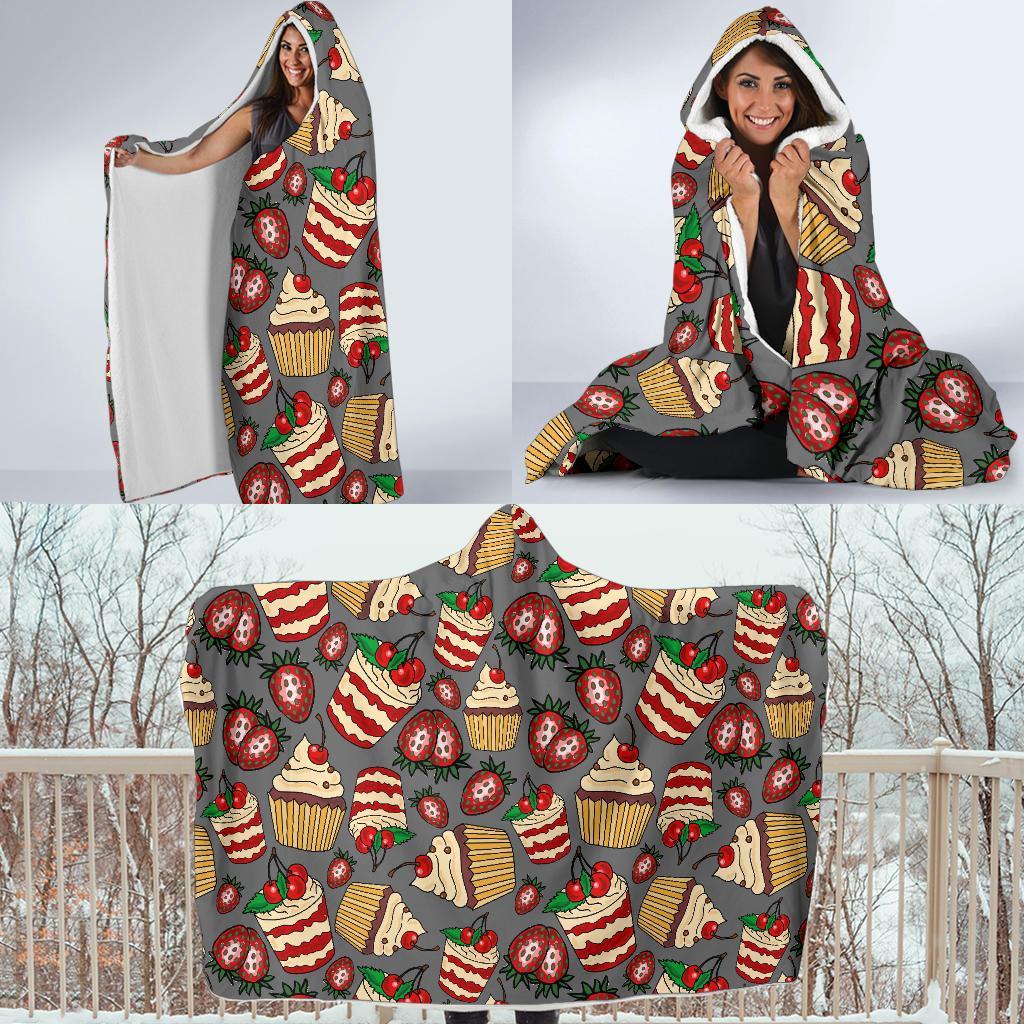 Cake Strawberry Pattern Print Hooded Blanket-grizzshop