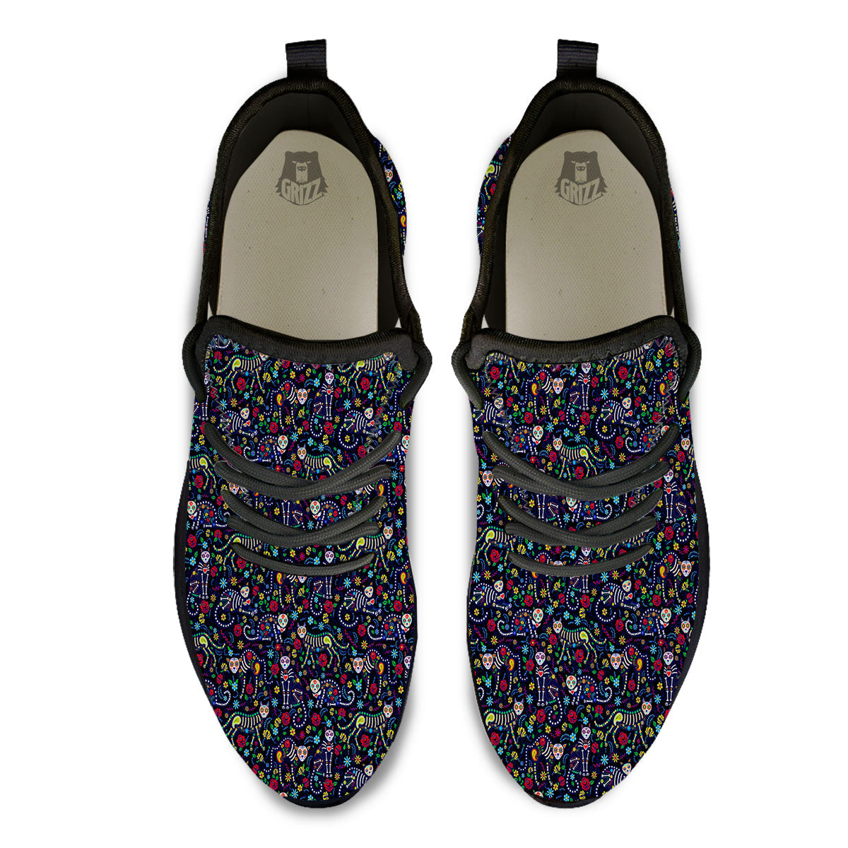 Calavera Cat Day Of The Dead Print Pattern Black Athletic Shoes-grizzshop