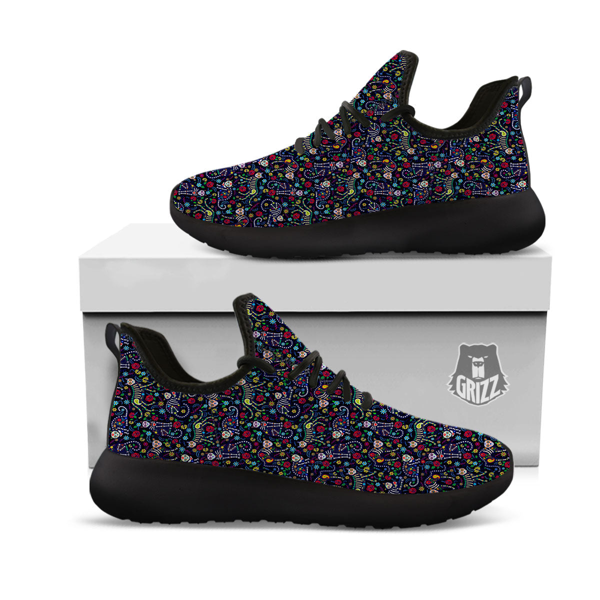 Calavera Cat Day Of The Dead Print Pattern Black Athletic Shoes-grizzshop