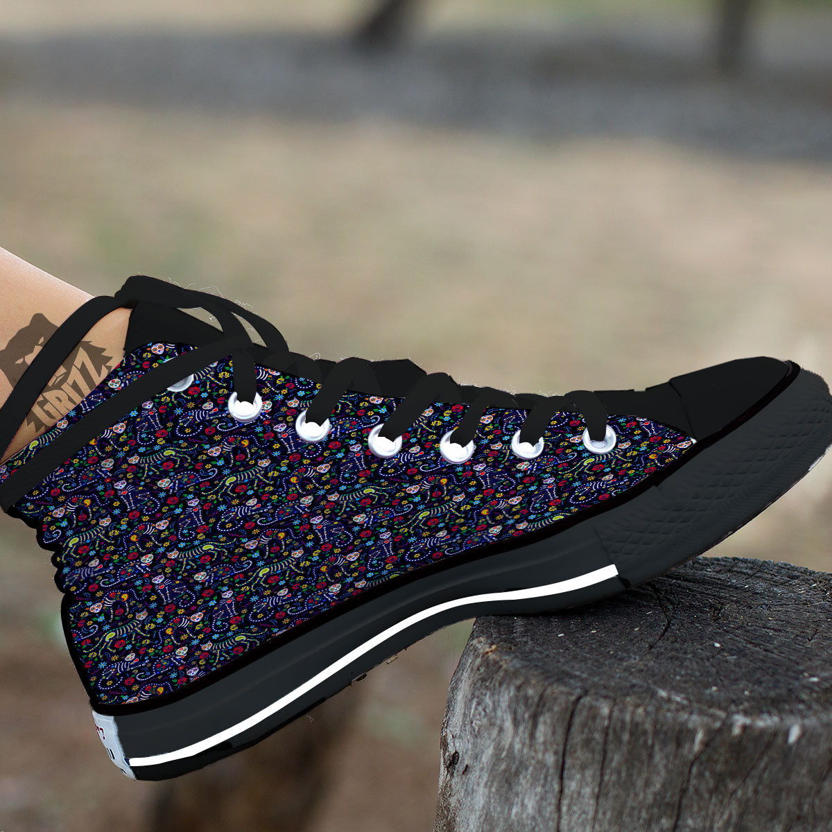 Calavera Cat Day Of The Dead Print Pattern Black High Top Shoes-grizzshop