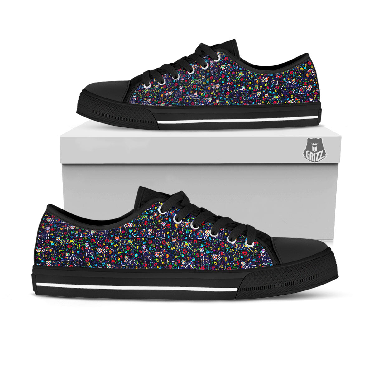 Calavera Cat Day Of The Dead Print Pattern Black Low Top Shoes-grizzshop