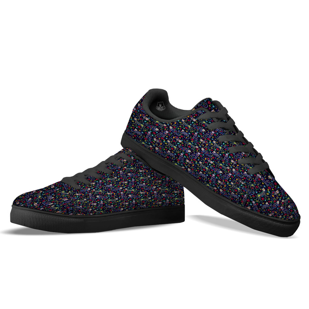 Calavera Cat Day Of The Dead Print Pattern Black Low Top Sneakers-grizzshop