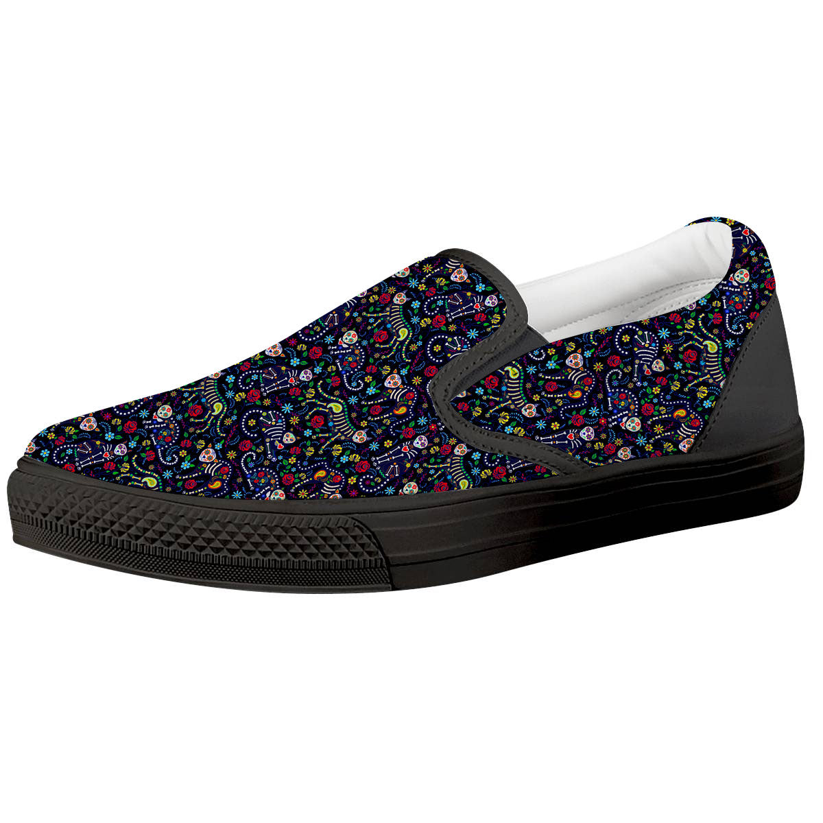 Calavera Cat Day Of The Dead Print Pattern Black Slip On Shoes-grizzshop