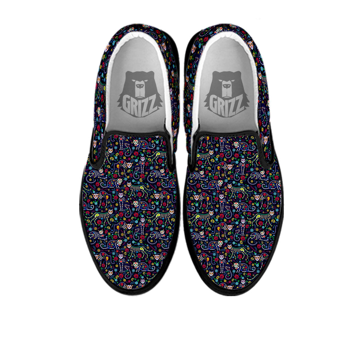 Calavera Cat Day Of The Dead Print Pattern Black Slip On Shoes-grizzshop