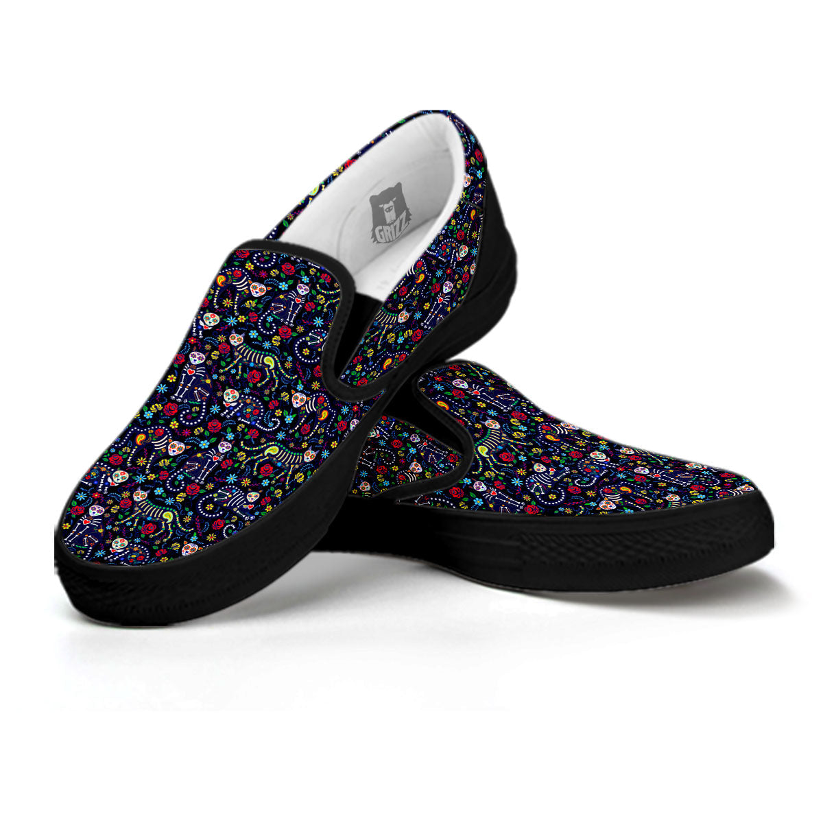 Calavera Cat Day Of The Dead Print Pattern Black Slip On Shoes-grizzshop