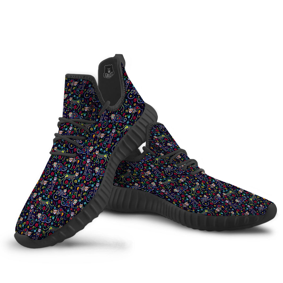 Calavera Cat Day Of The Dead Print Pattern Black Walking Shoes-grizzshop