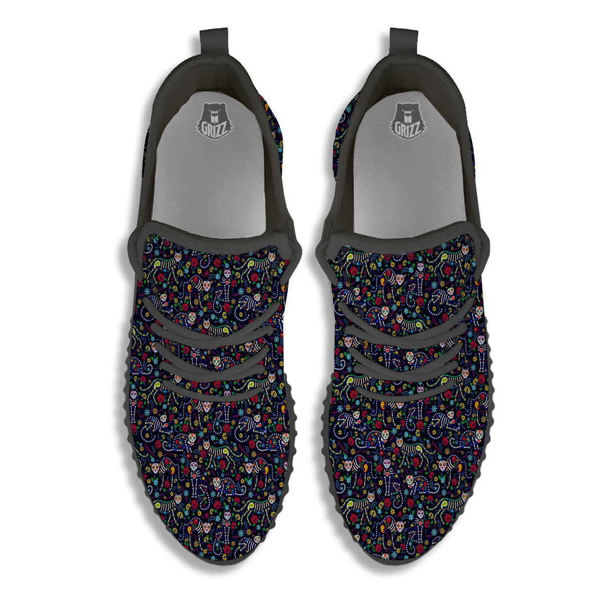 Calavera Cat Day Of The Dead Print Pattern Black Walking Shoes-grizzshop