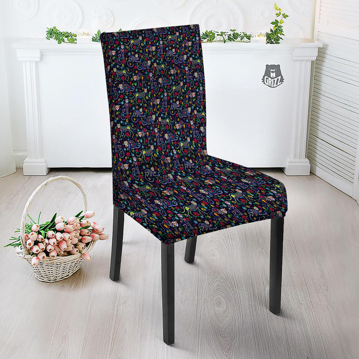 Calavera Cat Day Of The Dead Print Pattern Dining Chair Slipcover-grizzshop