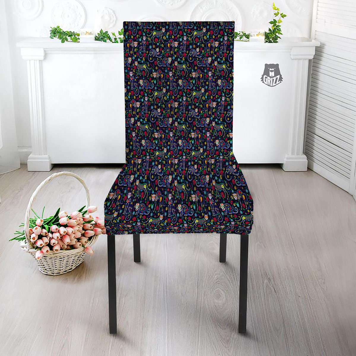 Calavera Cat Day Of The Dead Print Pattern Dining Chair Slipcover-grizzshop