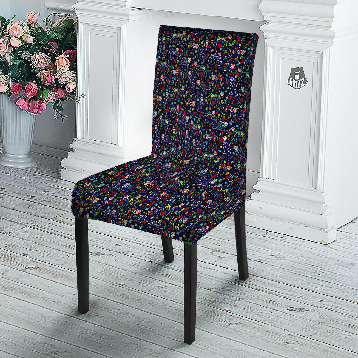 Calavera Cat Day Of The Dead Print Pattern Dining Chair Slipcover-grizzshop